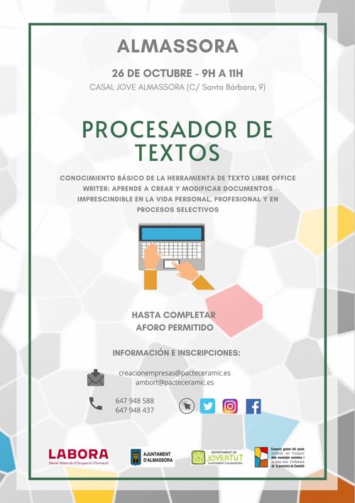 Taller para conocer el nivel básico de procesador de textos con Libre Office  Writer (Casal Jove, 26 de octubre, de 9 horas a 11 horas, inscripciones en  'ambort@')